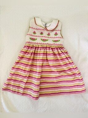 Royal Child Vintage Smocked Watermelon Dress with Pink and Green Stripes
